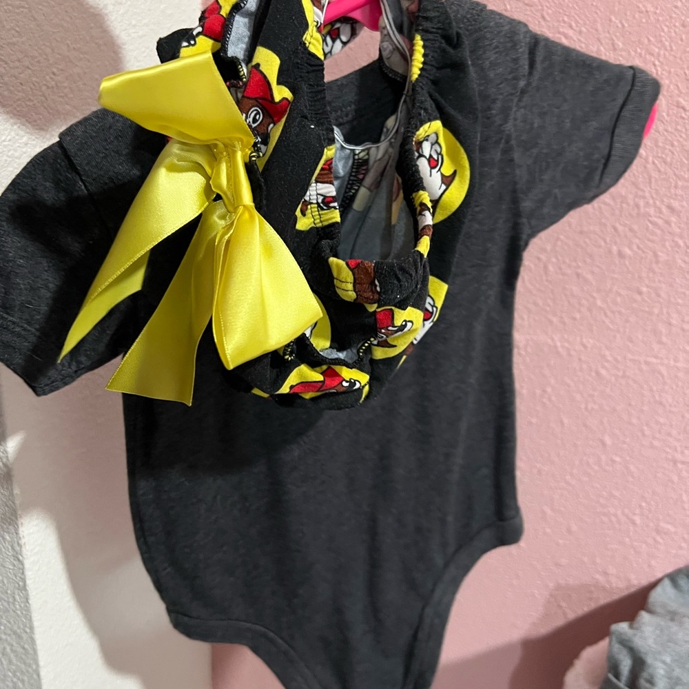 Charcoal Baby Onesie with Yellow Bow and Cartoon Print